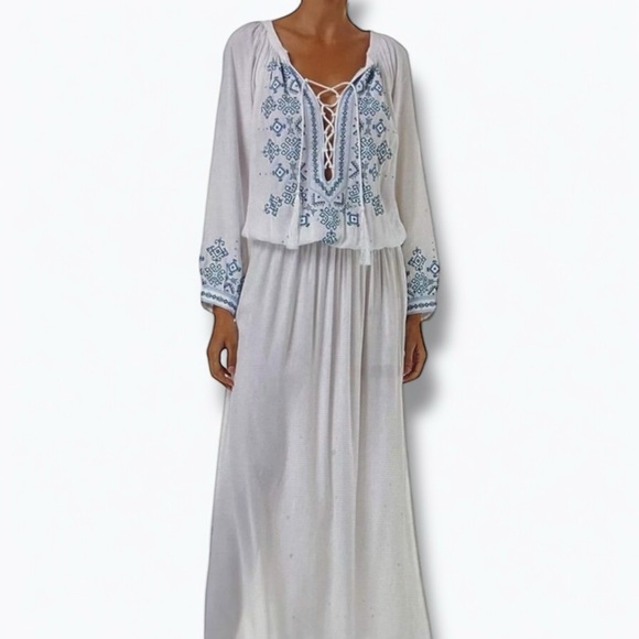 White Embroidered Blue V Neck Lace-Up Long Sleeve Beach Maxi Kaftan Dress - Picture 1 of 4